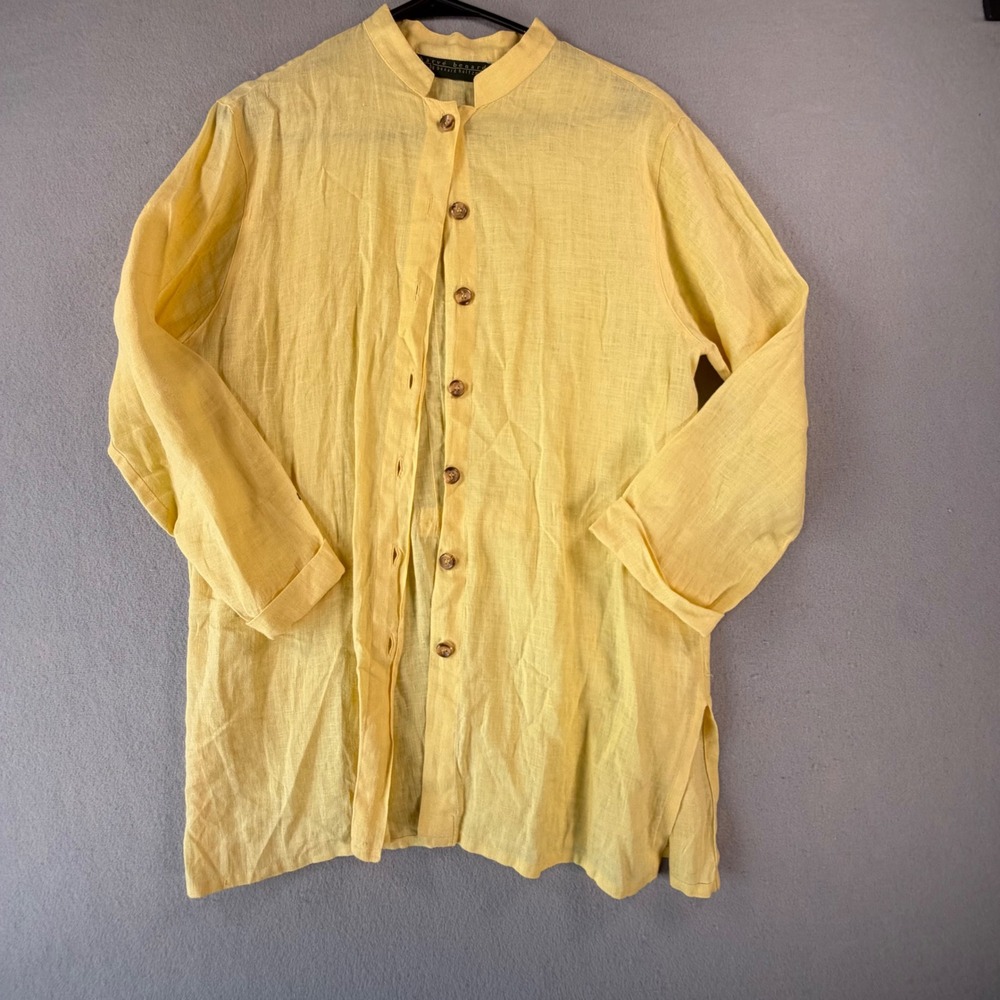 Harve Benard 100% Linen Tunic Shirt Size M Yellow Button Front Mandarin Collar